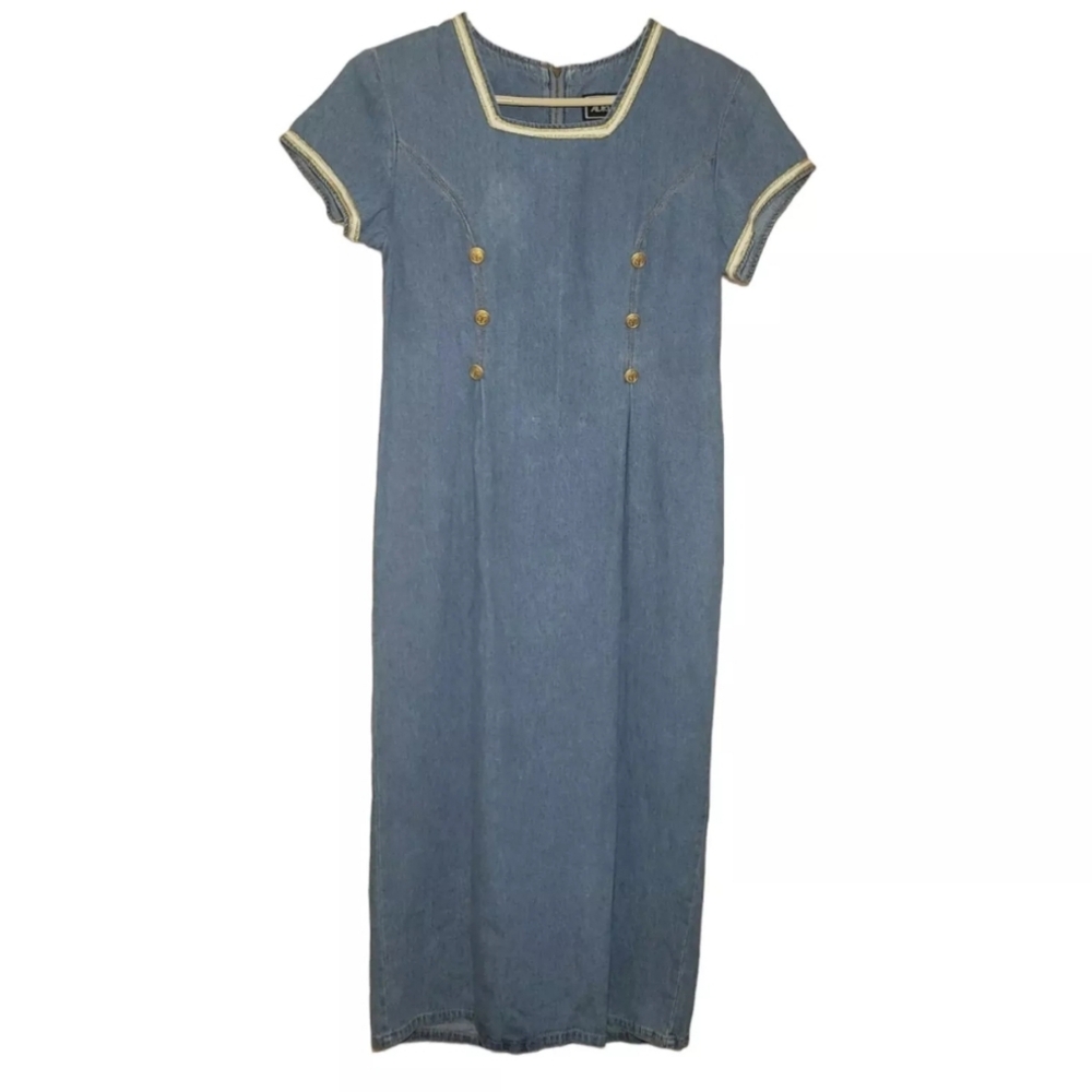 Vintage Denim Dress Adriana Women’s Dress Size 8 Gold Trim Anchor Buttons Zip Up